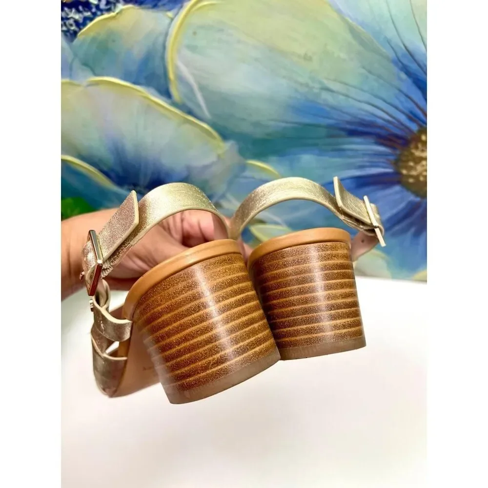 Kate Spade New York Metallic Gold Leather Slingback Block Heel Sandals Size 6.5